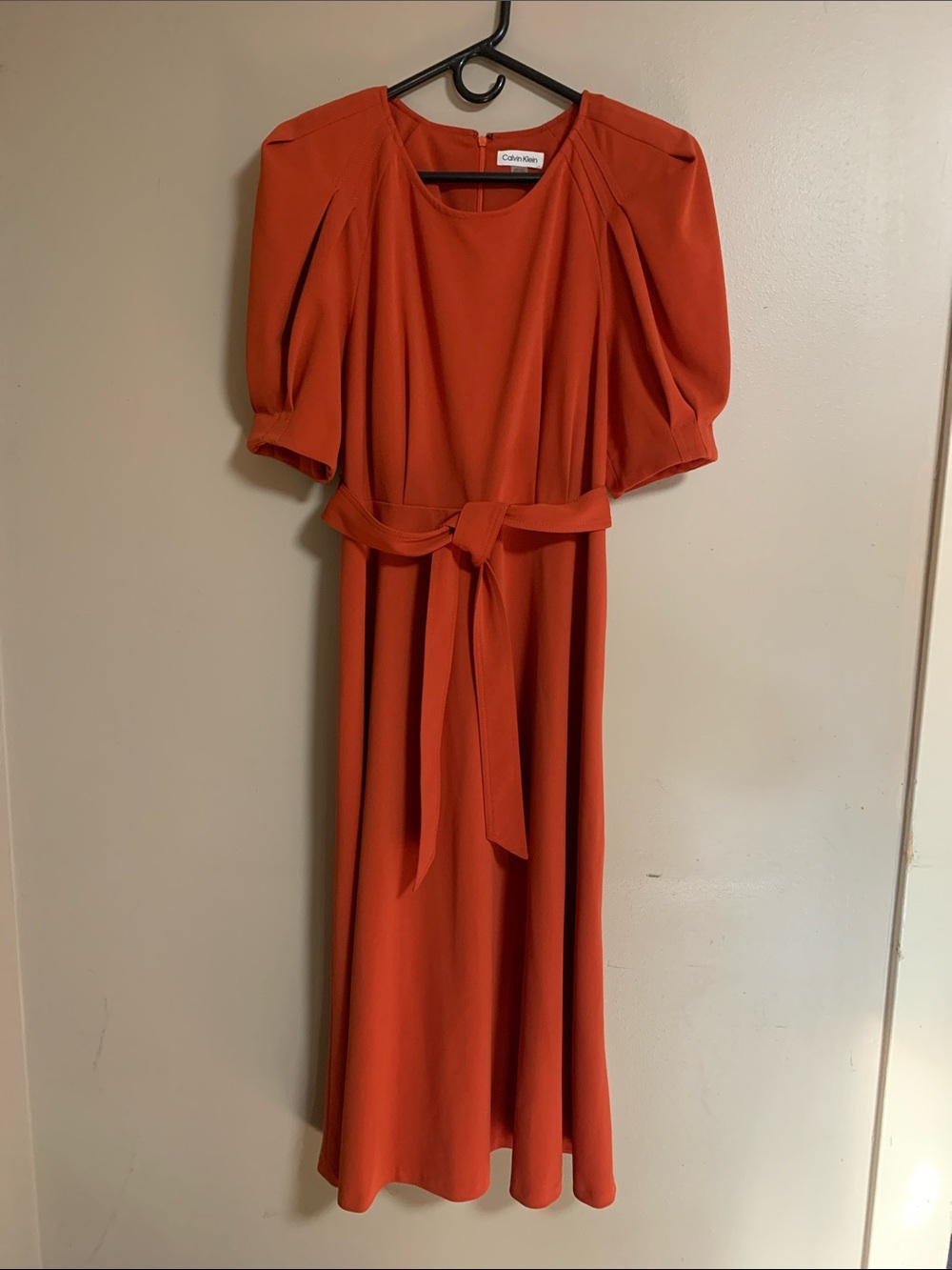 Calvin Klein Orange Belted Midi Dress with Puff Sleeves